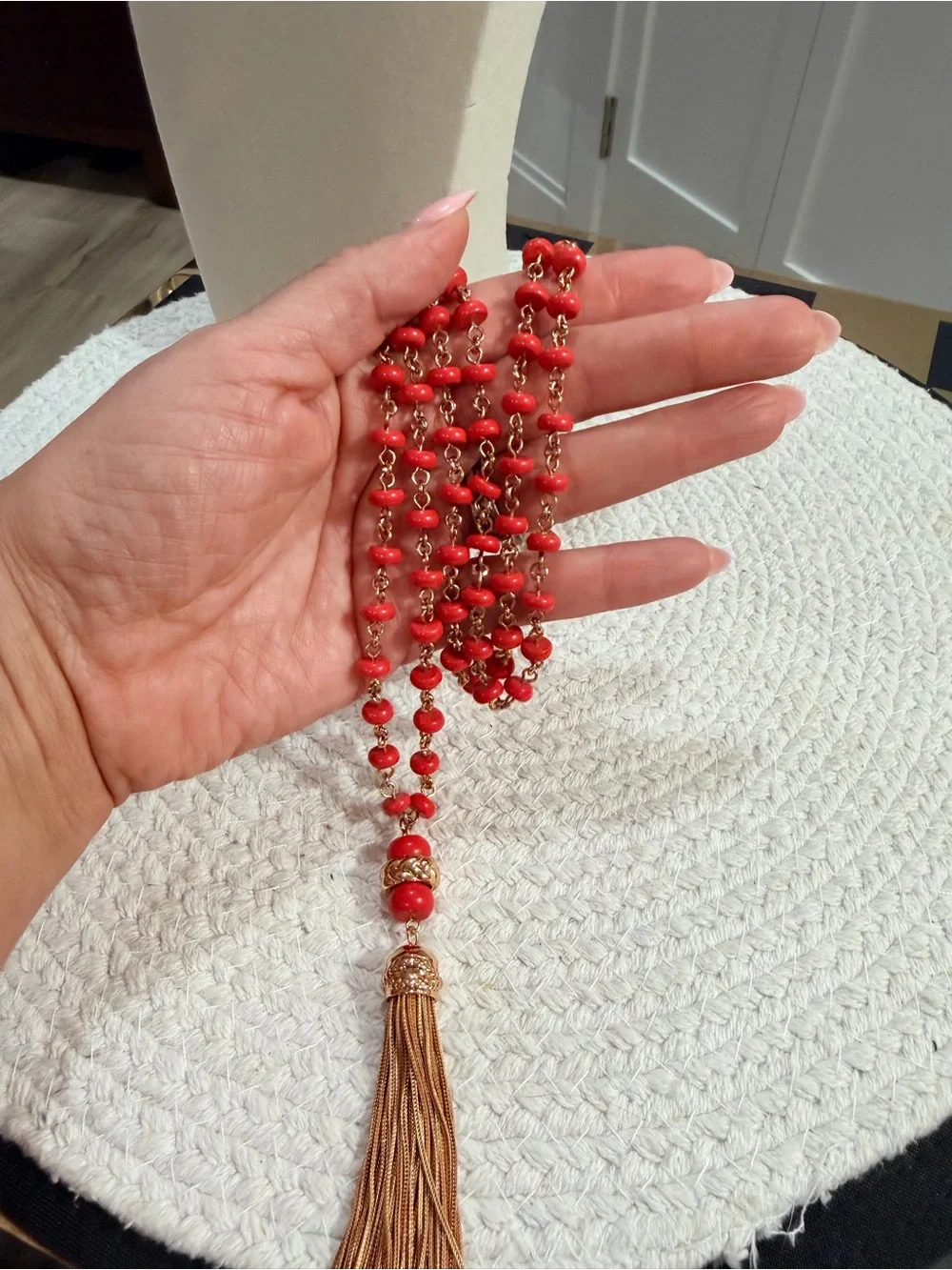 Tory Burch Gold Tone/Long Orange Necklace With Tassel + Dust Bag